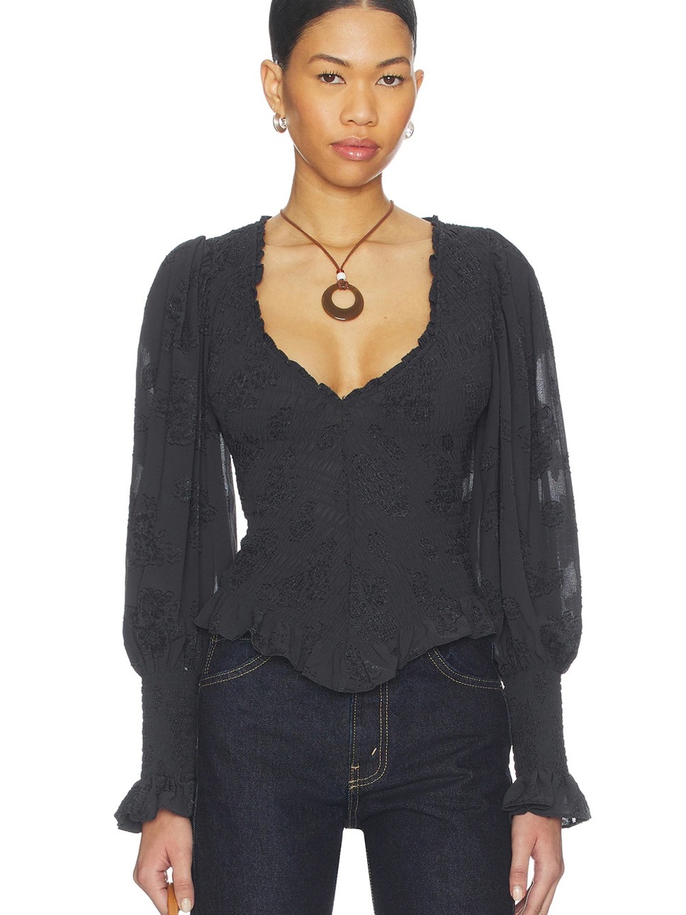 Free People Black Lace V-Neck Peplum Blouse